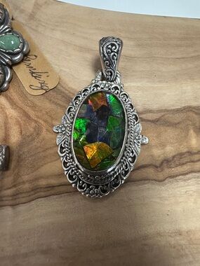 Silver Filigree Pendant with Iridescent Green and Gold Mosaic Stone